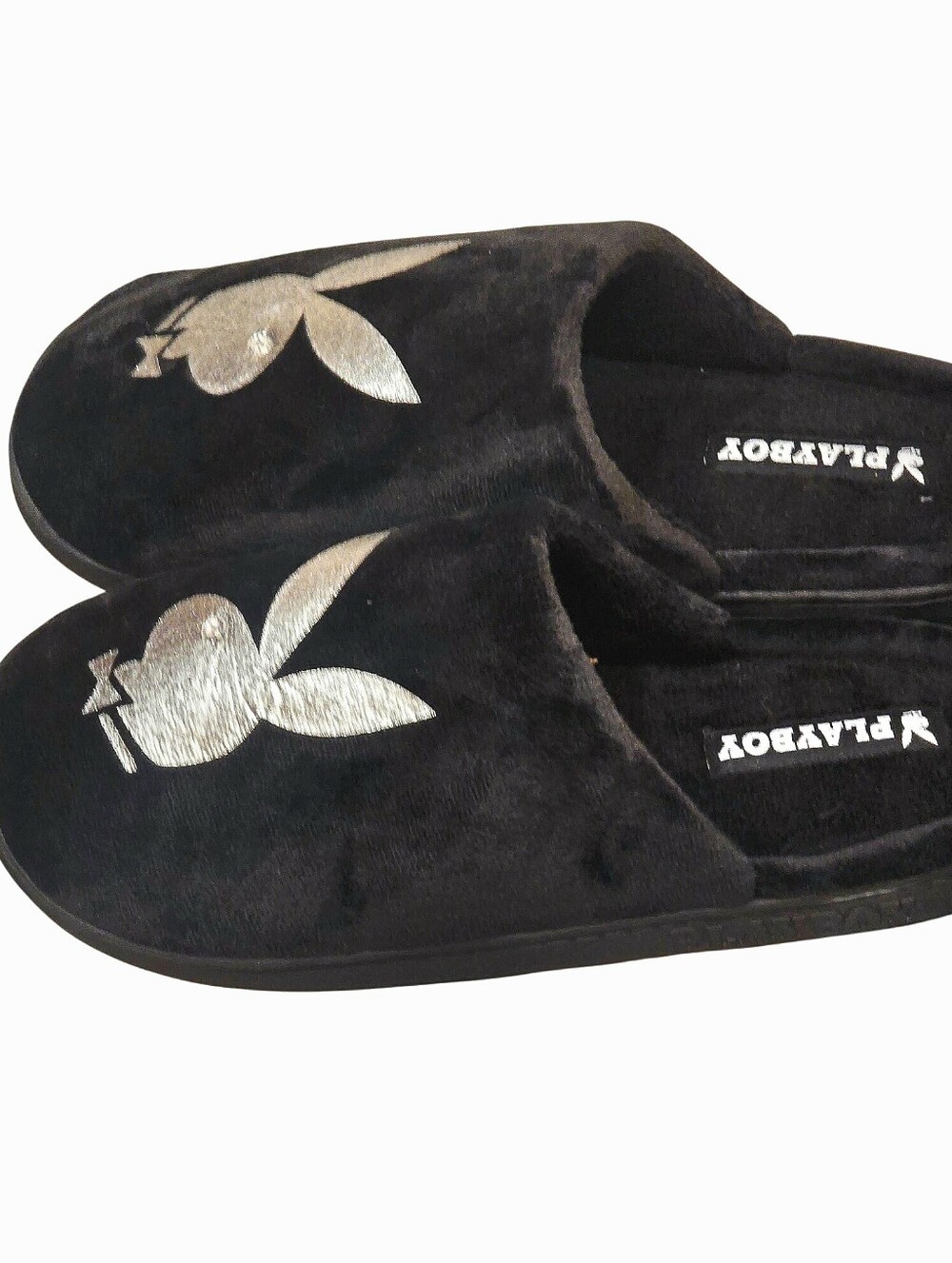 Playboy Metallic Bunny Logo Indoor/Outdoor Memory Foam Slide Slippers- Black